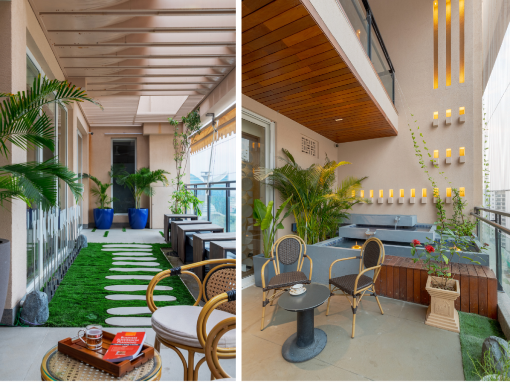 Left: A plush green pathway lined with stone detailing introduces a moment of quiet luxury, guiding you through the terrace’s landscaped edges. Right: The terrace lounge blends comfort with easy elegance, where wooden and rattan chairs offer a breezy, tactile charm—perfect for sipping your morning cappuccino or unwinding as the sun sets. Ambient lighting by Ledos and decorative lights by Gloss add a soft, inviting glow, making the space feel just as refined by night as it is by day. (Image Credits: Gitesh Gupta, Studio Bluora)