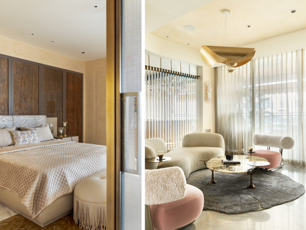 Left: The master bedroom is designed as a serene sanctuary, with soft furnishings by Golden Drape. A soft, neutral palette keeps the mood calm and sophisticated, while decor from Apartment9 adds layers of warmth. Right: In the first-floor lounge, natural light reflects off the polished Michael Angelo marble flooring, setting the stage for a thoughtfully curated mix of textures. Lighting by Ledos lends a warm, ambient glow, while a Jaipur Rugs piece anchors the room with tonal depth. The accent chair by Dorisofia Studio anchors the soft palette of the space. A tray from Pottery Barn and glassware by Versace sit elegantly on the table. (Image Credits: Gitesh Gupta, Studio Bluora)