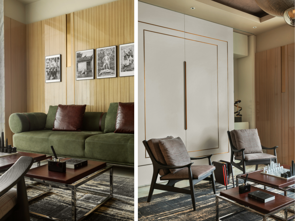 Left: The home office pairs a juniper green sofa from Gianfranco Ferre Home (sourced from Villa Interieur) with a linear-patterned rug from Jaipur Rugs. Eucalyptus veneer panelling adds warmth, while art from the client’s collection completes the setting. Right: A set of accent chairs from Gianfranco Ferre Home (sourced from Villa Interieur) sits beside a chess set from INV HOMES, adding a quiet moment of leisure to the space. (Image Credits: Gitesh Gupta, Studio Bluora)