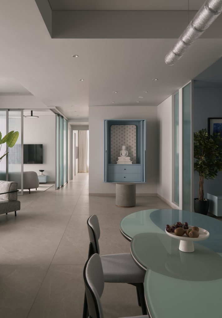 A handcrafted mandir finished with ICA paints, and placed inside is a porcelain idol from Tilak Stone Arts India. (Image Credits: Yadnyesh Joshi) 