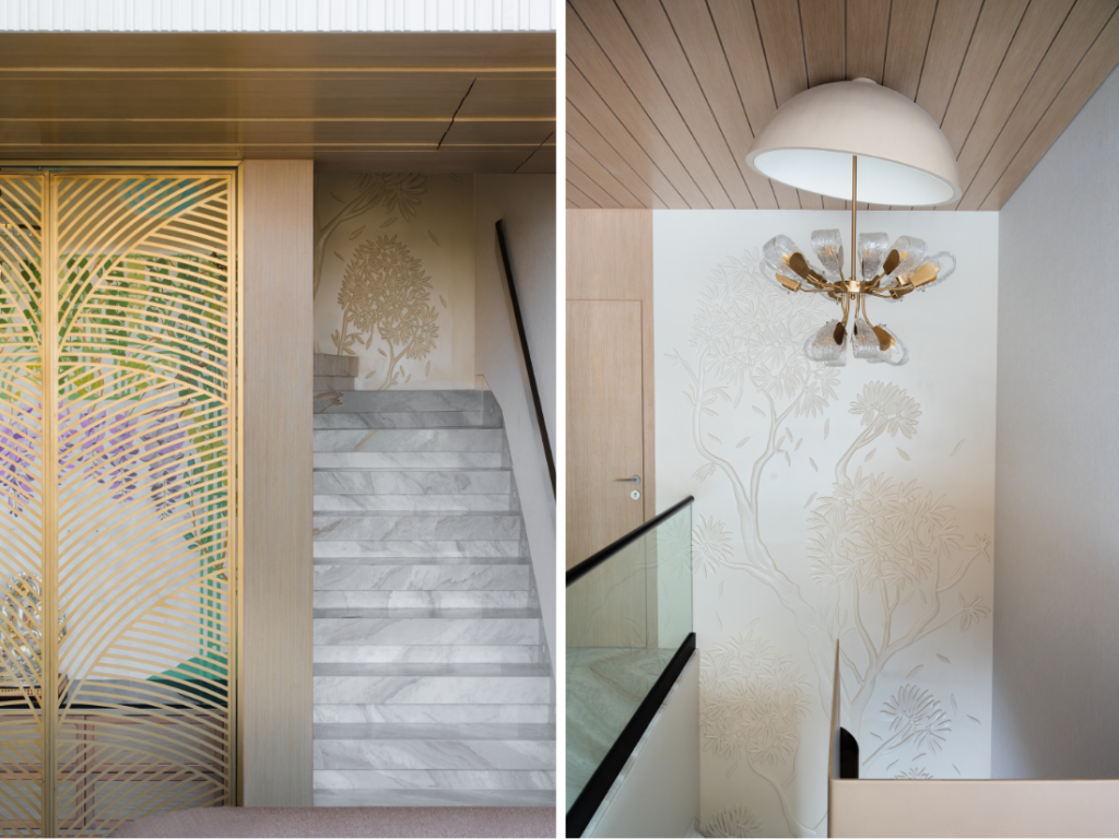 Left: Sacredness finds form in the mandir, where brass shutters with perforated arcs open to reveal a vivid backdrop, handpainted by artist Nilesh Kinkle. Right: The staircase wall becomes a canvas for a custom 3D mural — trees and intricacies sculpted into permanence. The chandelier is from The White Teak Company. (Image Credits: Rohit Mendiratta)