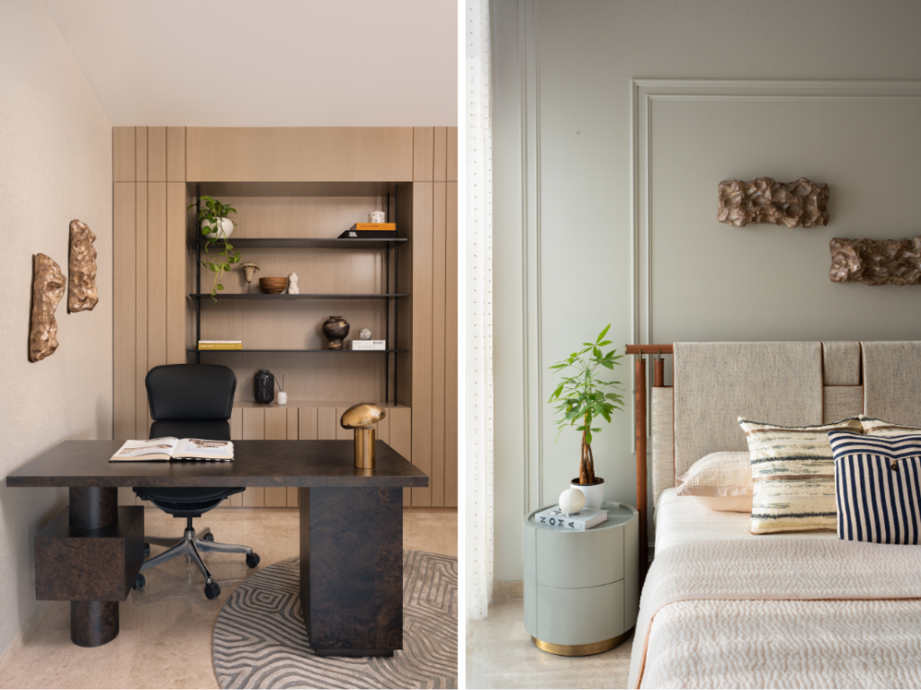 Left: Soft contours of a rug from Jaipur Rugs and a set of stone wall art tempers the crisp lines of the study room. Right: The guest bedroom boasts a wainscotted wall and a fabric headboard that fittingly complement the smooth bedding from AA Living. (Image Credits: Rohit Mendiratta)

