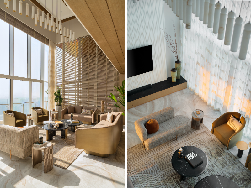 Left: Given the apartment’s east-west orientation, wooden blinds with automated angle control were introduced to minimize heat gain while allowing natural light to filter in. Cushions from Rearrange Home speckle the chic seating. Right: In the living area, a fluted MDF panel forms the media unit’s backdrop. A rug from Jaipur Rugs graces the underfoot, as an alabaster chandelier from Terra Trading hovers above. (Image Credits: Rohit Mendiratta)
