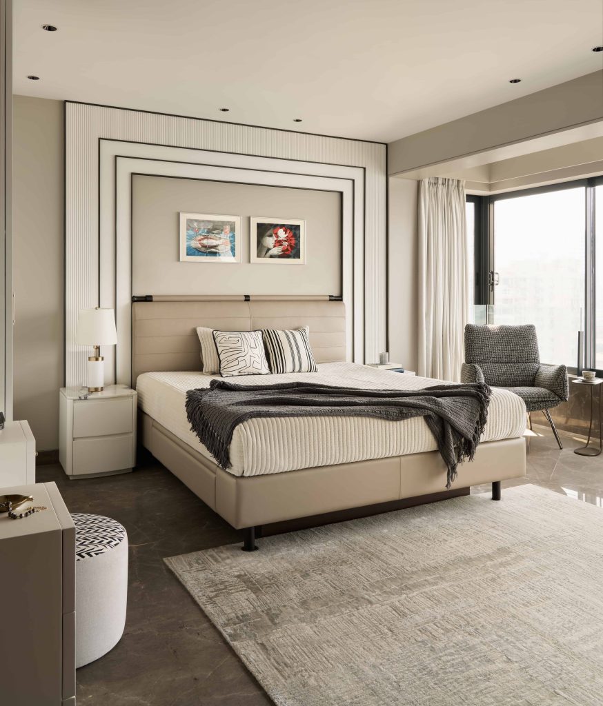 The master bedroom featuring customised furniture is proof that restraint when cleverly executed results in the ultimate indulgence for private spaces. (Image Credits: Yadnyesh Joshi) 