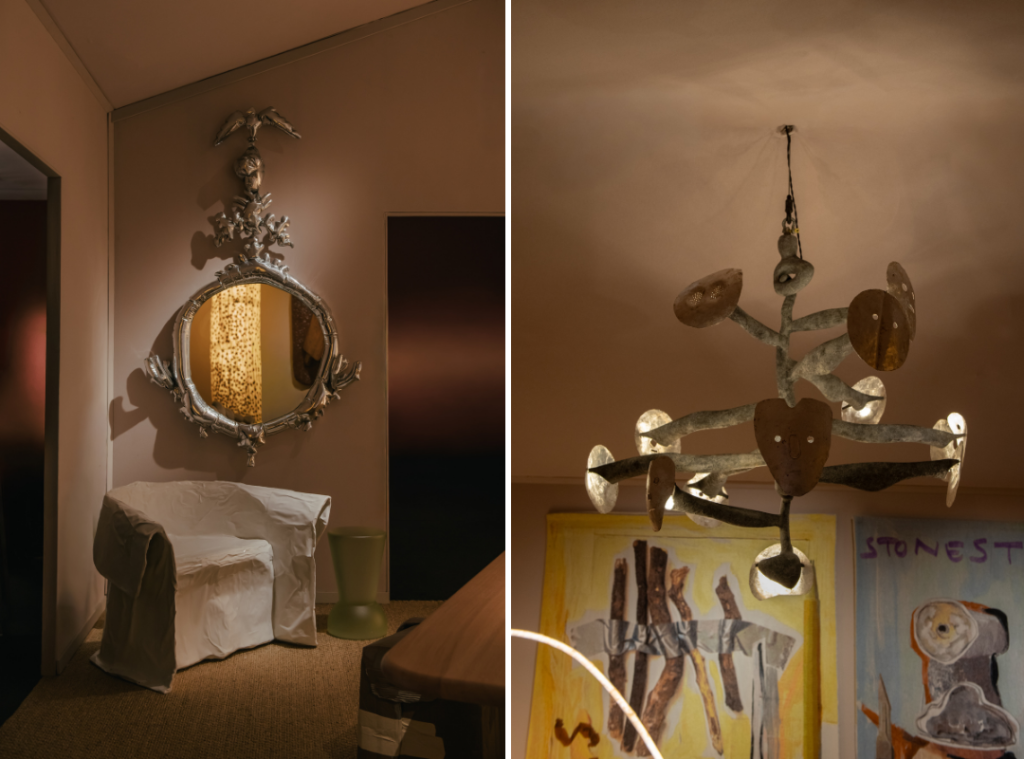 Left: At Friedman Benda’s booth, Faye Toogood’s ‘Paper Chair’ (2020) and Misha Kahn’s ‘Crumbling of Our Empire’ (2017) create a vivid dialogue between restraint and rebellion in contemporary design. (Image Credits: Genevieve Lutkin) 