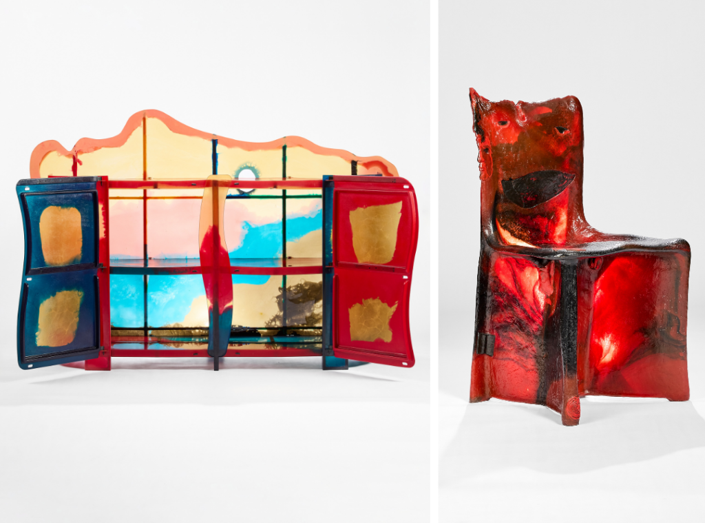 Left: Gaetano Pesce’s ‘Nobody’s Perfect’ sideboard (2006) blends sculpture and function with vibrant, anthropomorphic forms. Right: Gaetano Pesce’s ‘Pratt Chair’ n°8 (1984) fuses sculpture and furniture, with colourful resin variations and intricate symbolic details transforming each of the 34 chairs into a unique, expressive reliquary of creativity. (Image Credits: Alexis Narodetzky) 