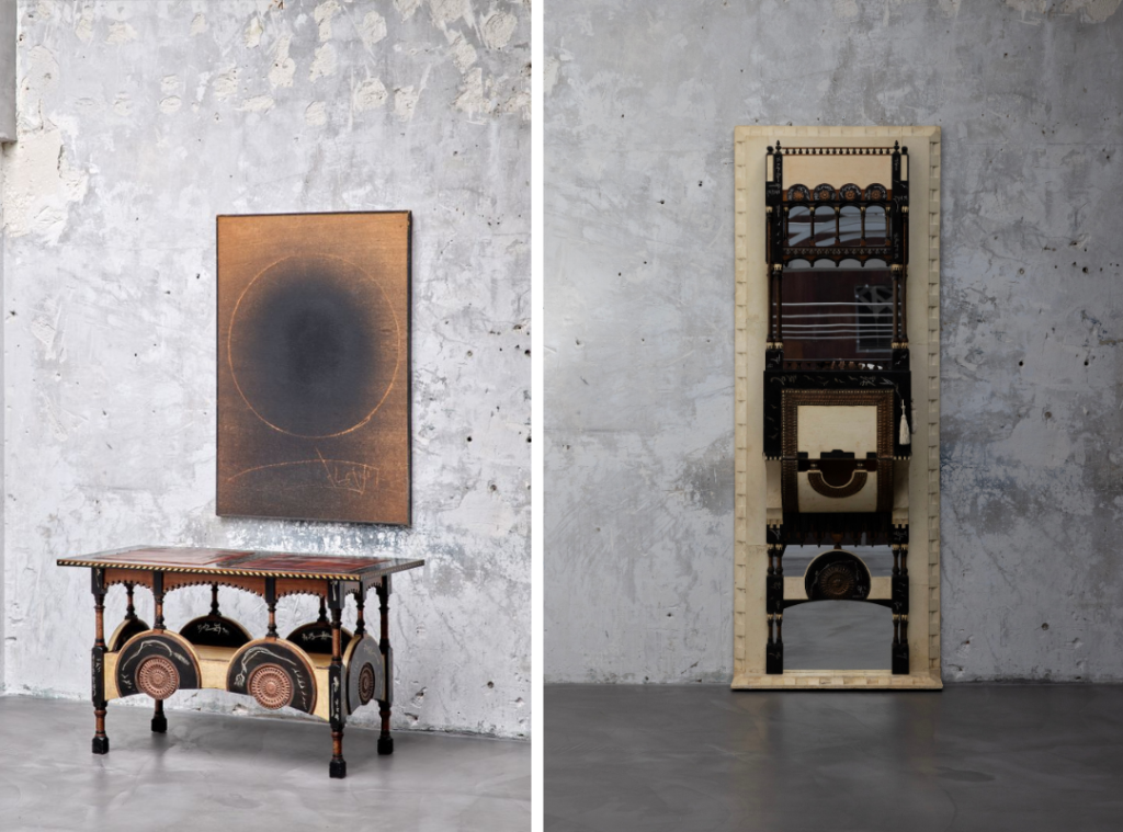 Left: A circa-1900 Carlo Bugatti console with hammered copper inlays mirrors Jean Degottex’s 1967 ‘Horsphères’ painting, both bound by the circle, a shared language of ornament and abstraction. Right: An exquisite ‘Secrétaire’ by Carlo Bugatti (c. 1900), where ebonised wood, bone inlay, and parchment converge in a symphony of Italian Liberty craftsmanship. (Image Credits: Sceners Gallery) 