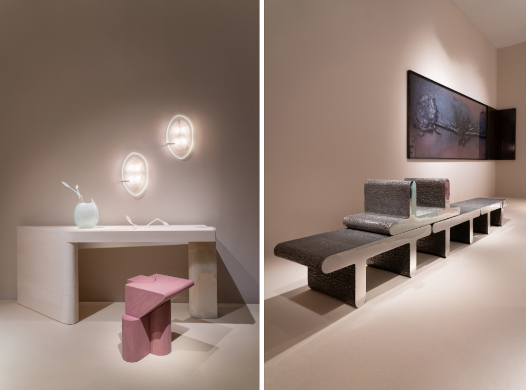 Left: Charles Kalpakian’s latest Castle collection pieces merge sculptural elegance with contemporary craftsmanship. Right: Lena Solovyeva’s Post Florum series captures the delicate traces of human interaction with nature, memory, and fragility through hauntingly fragile, emotive forms. (Image Credits: Elisa Garbarino) 