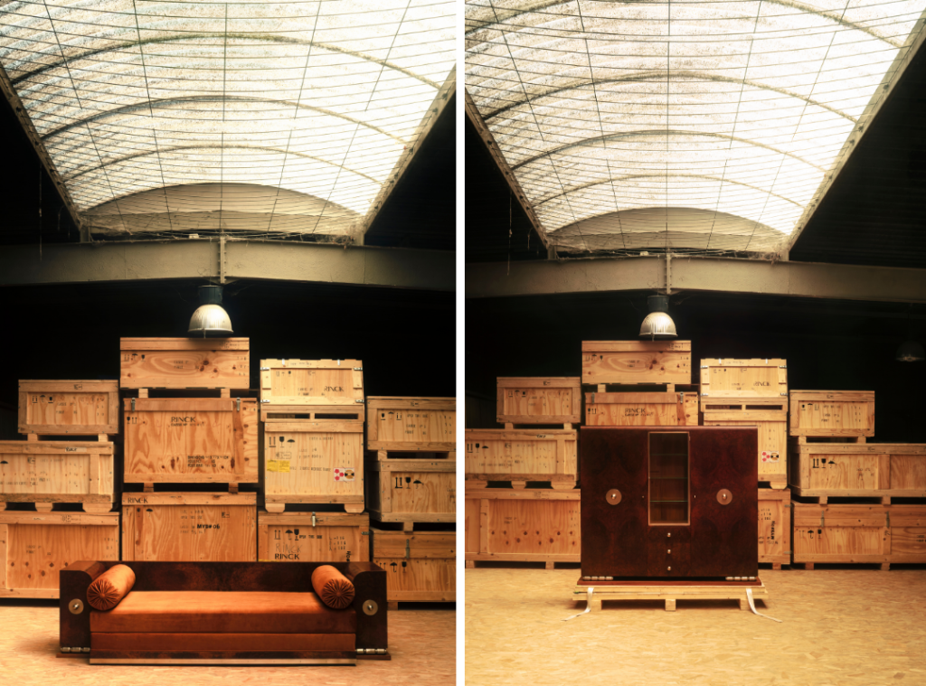 Left: The Divan (1931) by Eugène Rinck, crafted in walnut burl, nickel-plated bronze, and velvet, was made for a private client—documented in Rinck’s 1930s order book. Right: The Bibliothèque (1931) by Eugène Rinck, crafted in walnut burl, nickel-plated brass and bronze, and glass, was made for a private client and restored by Rinck. (Image Credits: Oskar Proktor) 