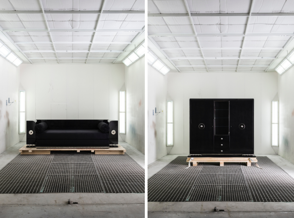 Left: The Divan (2025) by The Guild of Saint Luke x Rinck combines black bird’s eye maple, lacquered wood, nickel-plated metal, and a black suede seat. Right: (Image Credits: Oskar Proktor) 