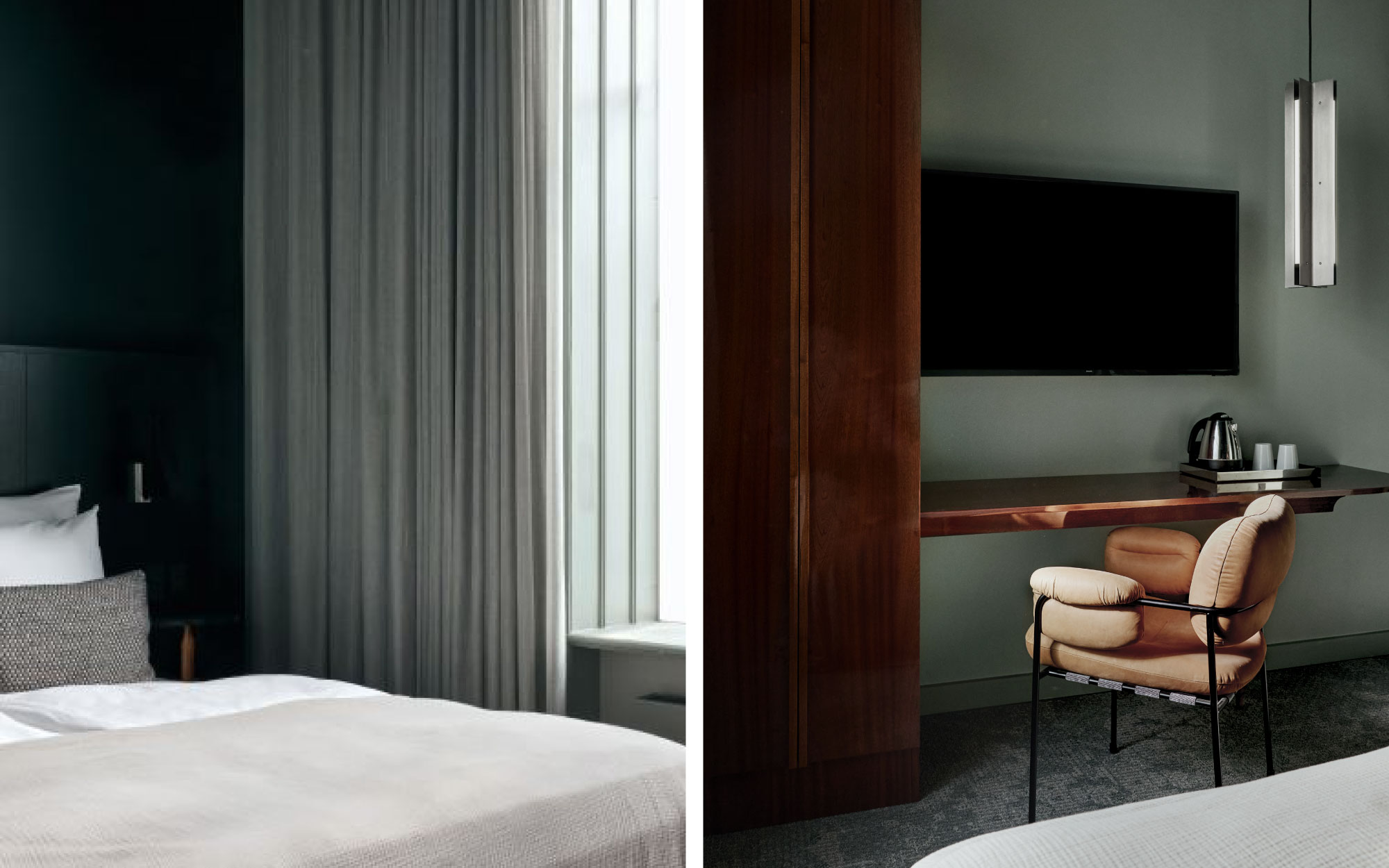 Left: A look into the luxury rooms at Hotel Hans, Right: Inspired by the street lamps and urban glow of Nørrebro, the custom lighting is crafted from raw aluminium panels with clean, minimalist joints—industrial in spirit, yet refined in execution. (Image Credit: Brøchner Hotels)