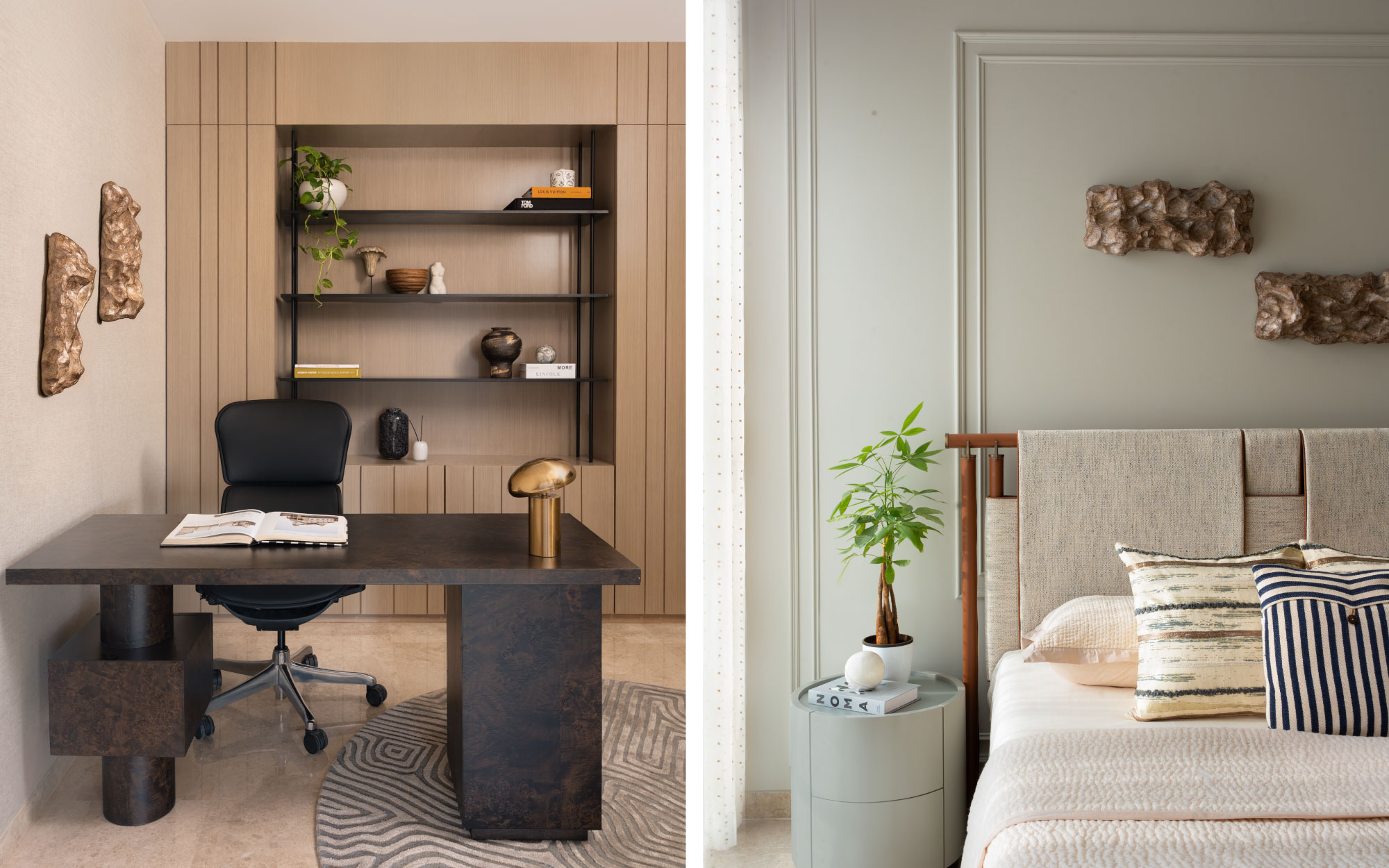 Left: Soft contours of a rug from Jaipur Rugs and a set of stone wall art tempers the crisp lines of the study room. Right: The guest bedroom boasts a wainscotted wall and a fabric headboard that fittingly complement the smooth bedding from AA Living. (Image Credits: Rohit Mendiratta)