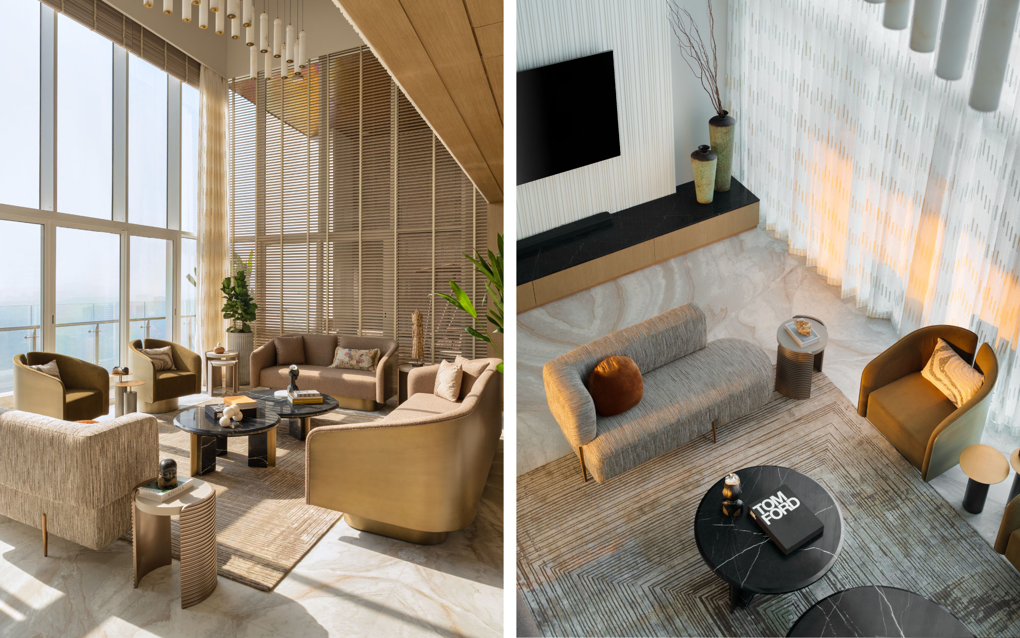 Left: Given the apartment’s east-west orientation, wooden blinds with automated angle control were introduced to minimize heat gain while allowing natural light to filter in. Cushions from Rearrange Home speckle the chic seating. Right: In the living area, a fluted MDF panel forms the media unit’s backdrop. A rug from Jaipur Rugs graces the underfoot, as an alabaster chandelier from Terra Trading hovers above. (Image Credits: Rohit Mendiratta)