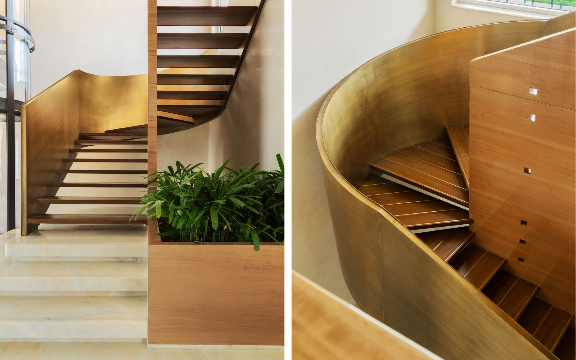 A sculptural brass staircase sweeps upward in a fluid curve towards the terrace lounge, reflecting light and anchoring the home with quiet architectural drama. (Image Credits: Gitesh Gupta, Studio Bluora)