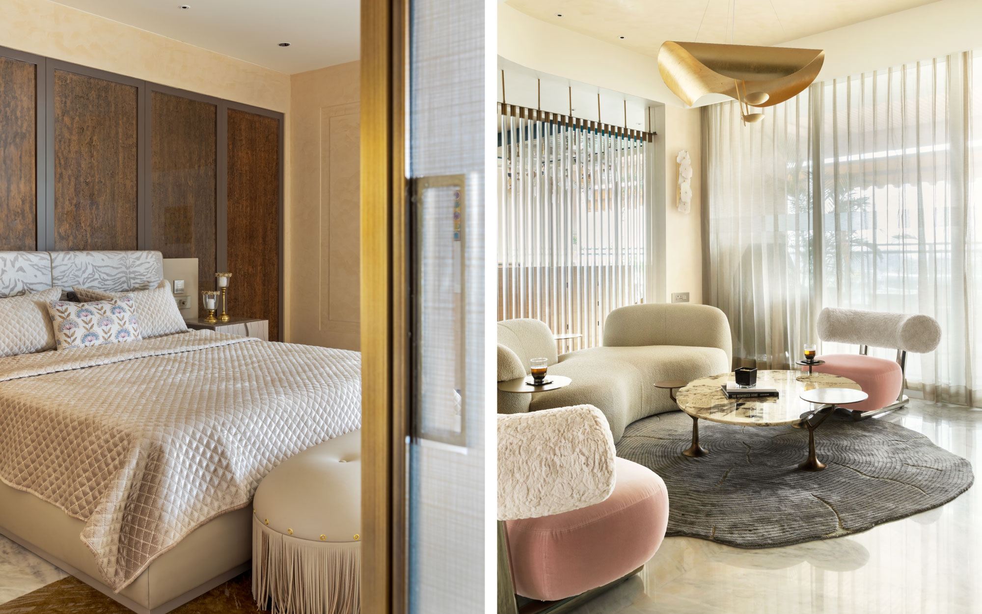 Left: The master bedroom is designed as a serene sanctuary, with soft furnishings by Golden Drape. A soft, neutral palette keeps the mood calm and sophisticated, while decor from Apartment9 adds layers of warmth. Right: In the first-floor lounge, natural light reflects off the polished Michael Angelo marble flooring, setting the stage for a thoughtfully curated mix of textures. Lighting by Ledos lends a warm, ambient glow, while a Jaipur Rugs piece anchors the room with tonal depth. The accent chair by Dorisofia Studio anchors the soft palette of the space. A tray from Pottery Barn and glassware by Versace sit elegantly on the table. (Image Credits: Gitesh Gupta, Studio Bluora)