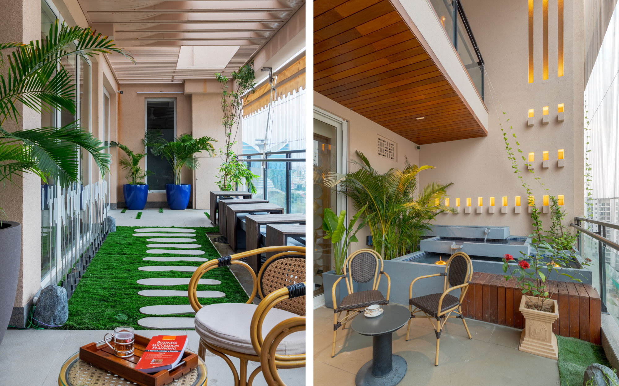 Left: A plush green pathway lined with stone detailing introduces a moment of quiet luxury, guiding you through the terrace’s landscaped edges. Right: The terrace lounge blends comfort with easy elegance, where wooden and rattan chairs offer a breezy, tactile charm—perfect for sipping your morning cappuccino or unwinding as the sun sets. Ambient lighting by Ledos and decorative lights by Gloss add a soft, inviting glow, making the space feel just as refined by night as it is by day. (Image Credits: Gitesh Gupta, Studio Bluora)