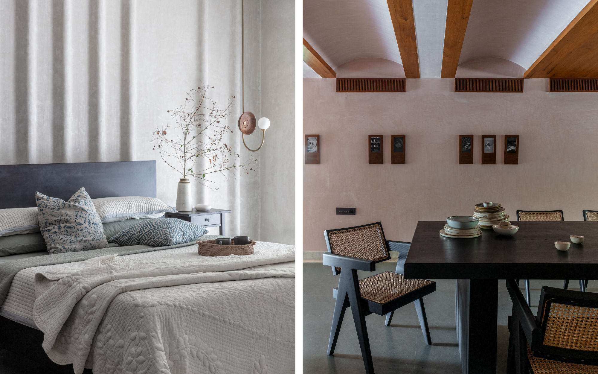 The guest bedroom (L) and the dining area (R) showcase the same design aesthetic as the rest of the home. The bed in the guest bedroom has been restored from the client’s old home and the oak wood dining table has been custom-designed by Sona Reddy Studio. (Image Credit: Pankaj Anand)