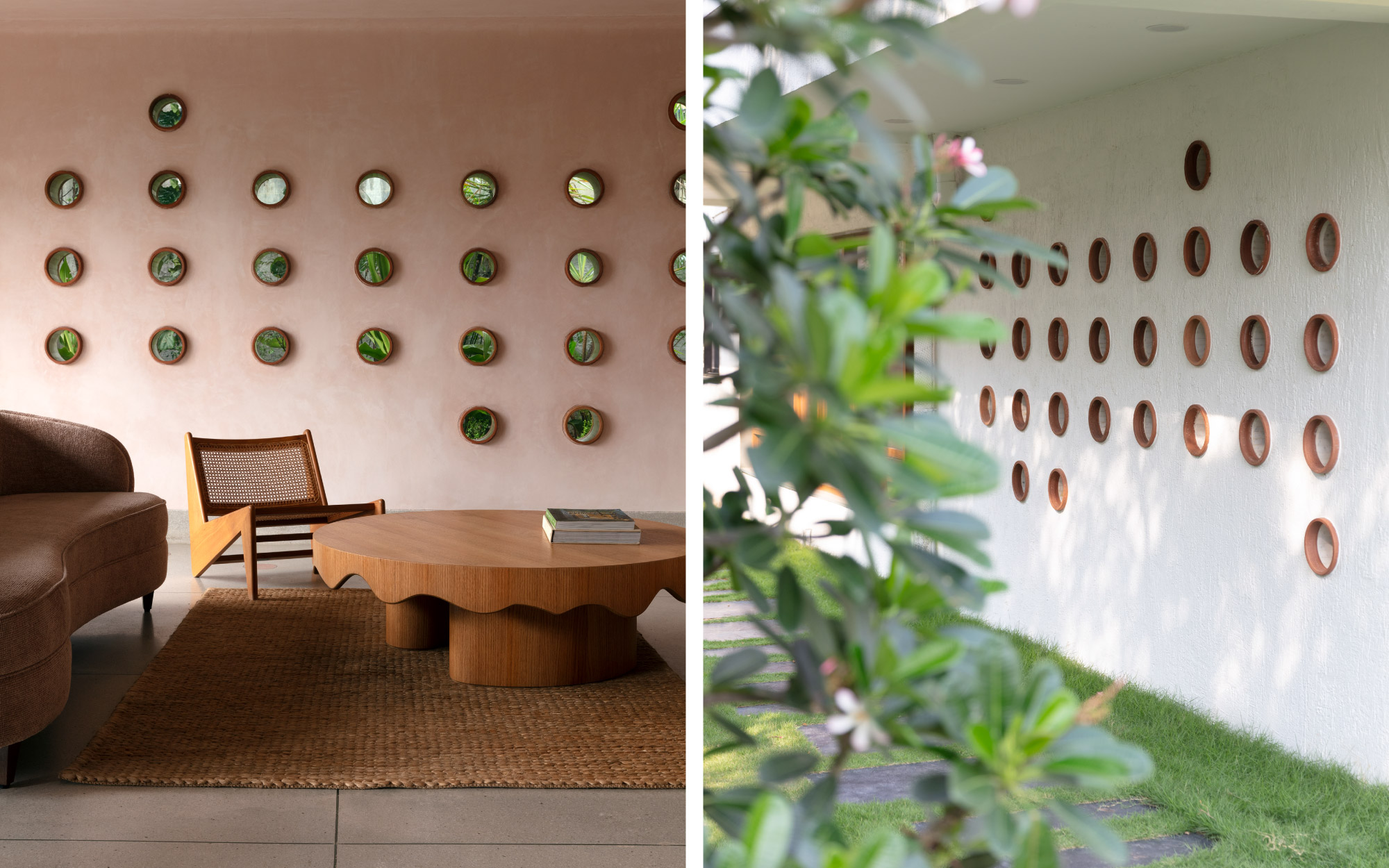 The striking, rust and ivory-hued travertine wall which becomes a focal point of layered texture. The Terracotta-rimmed circular wall apertures are by Ara Living. (Image Credit: Pankaj Anand)