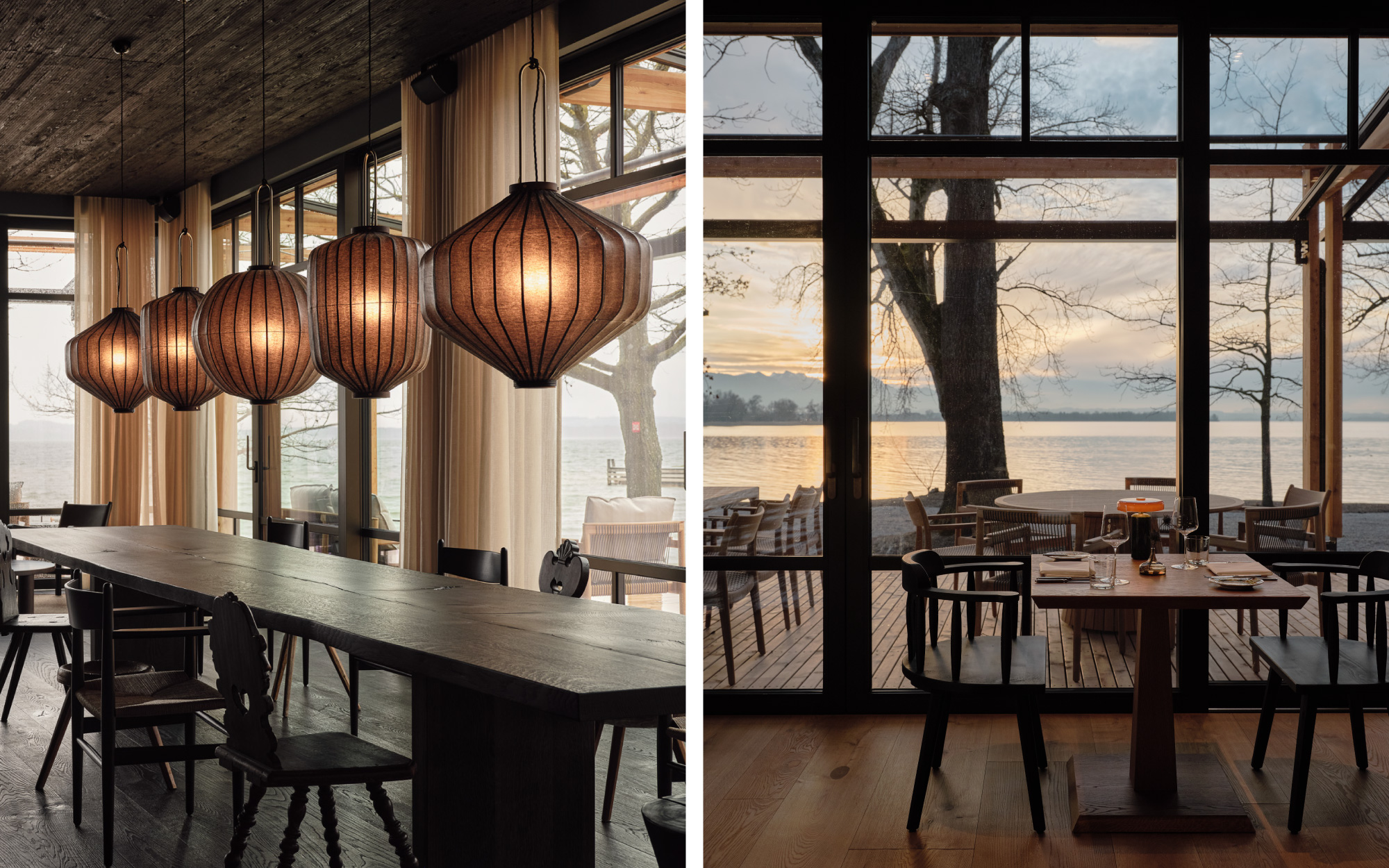 The bar is wrapped in carbonised wood, lending the interiors a dark, warm richness, while the restaurant centres around a tiled stove in the lounge that strikes a balance between heritage and contemporary Bavarian craft. (Image Credit: Elias Hassos)