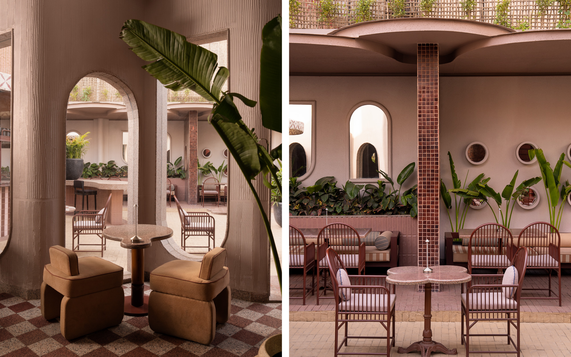 Left: Arched cut-outs extend the visual axis toward the courtyard, reinforcing Pantone Collective’s indoor-outdoor porosity. Their rough plaster edges and granite frames recall traditional Jaipur thresholds, reinterpreted in a modern, minimal vocabulary. Right: The courtyard’s seating landscape illustrates a palette of soft pinks and deep maroons. Framed by a tiled column that rises like a slender monolith, its hand-set mosaic squares catch shifting light throughout the day. Circular windows and lush plants animate the background. (Image Credits: Avesh Gaur)