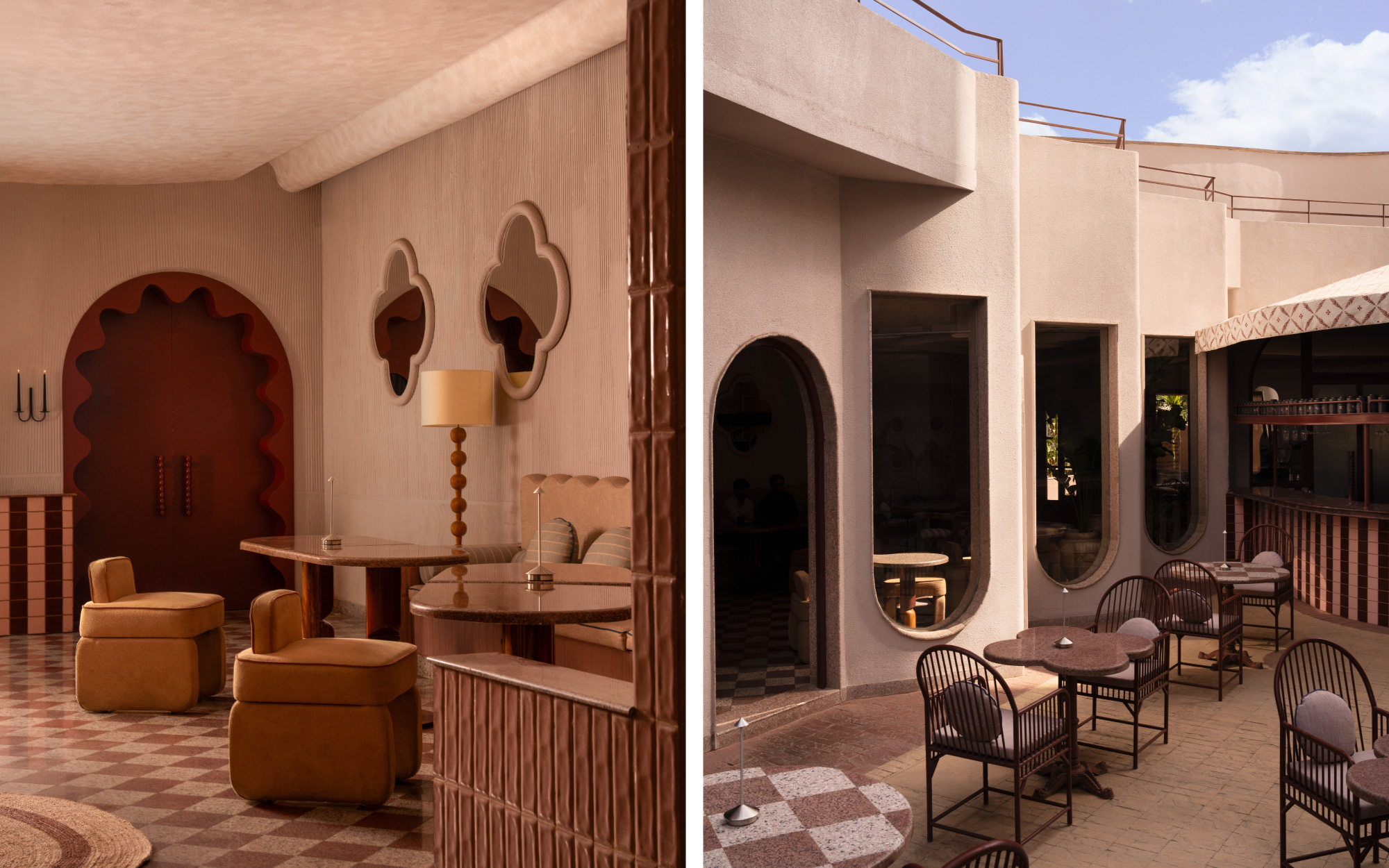 Left: The indoor seating fosters a warm, cocooned intimacy, shaped by soft curves, textured walls and custom-crafted furniture. Right: Outdoors, the furniture introduces an airy, open ease, pairing natural materials and lighter forms to echo the courtyard’s sunlit calm. (Image Credits: Avesh Gaur)