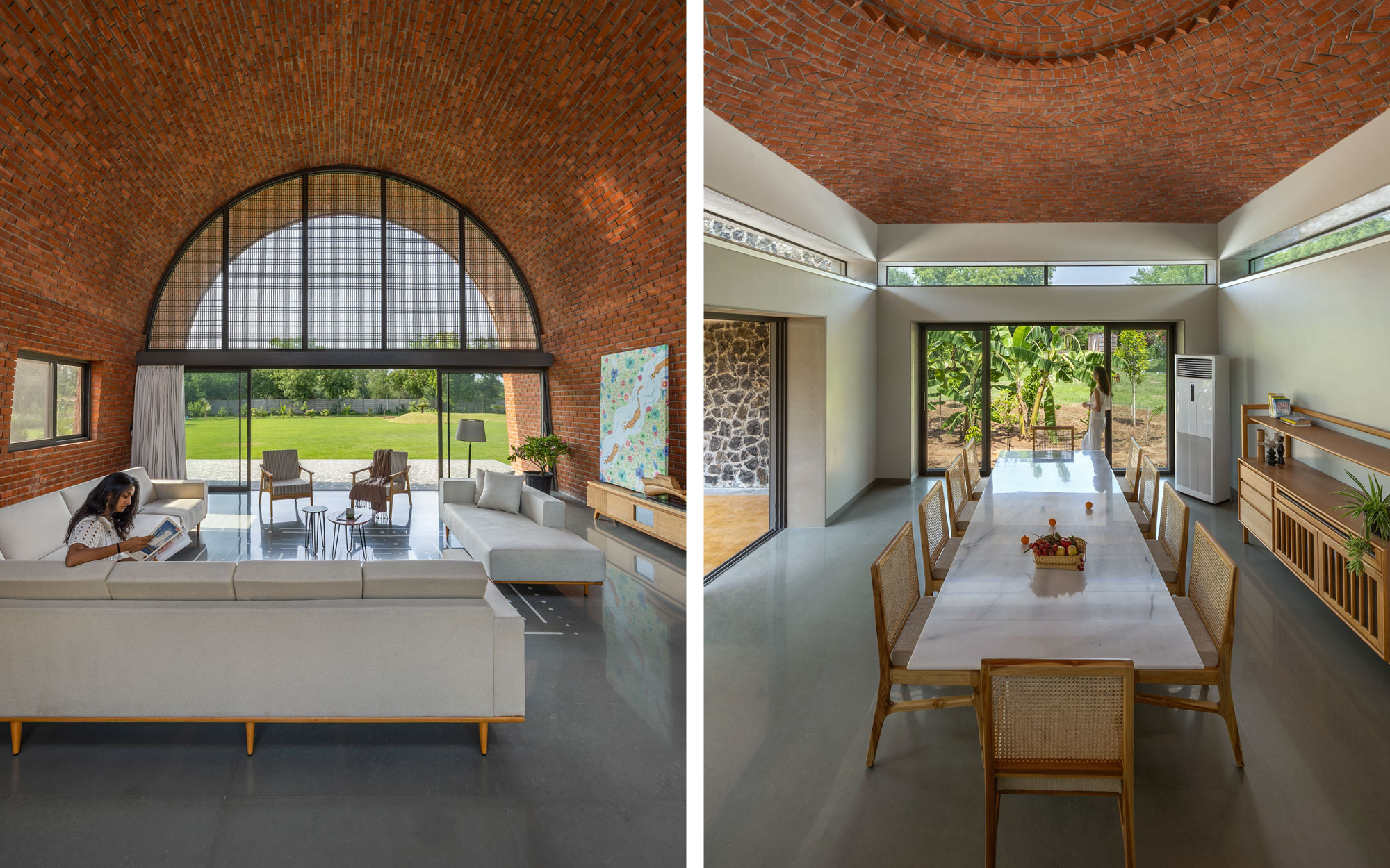 Left: Within the living space, structure gives way to serenity, as brick, light, and landscape coalesce into a seamless continuum. Right: A streamlined ensemble anchors the dining area, complete with a bespoke oakwood credenza. The ceiling is patterned in dynamic brick layouts. (Image Credits: Tejas Shah)