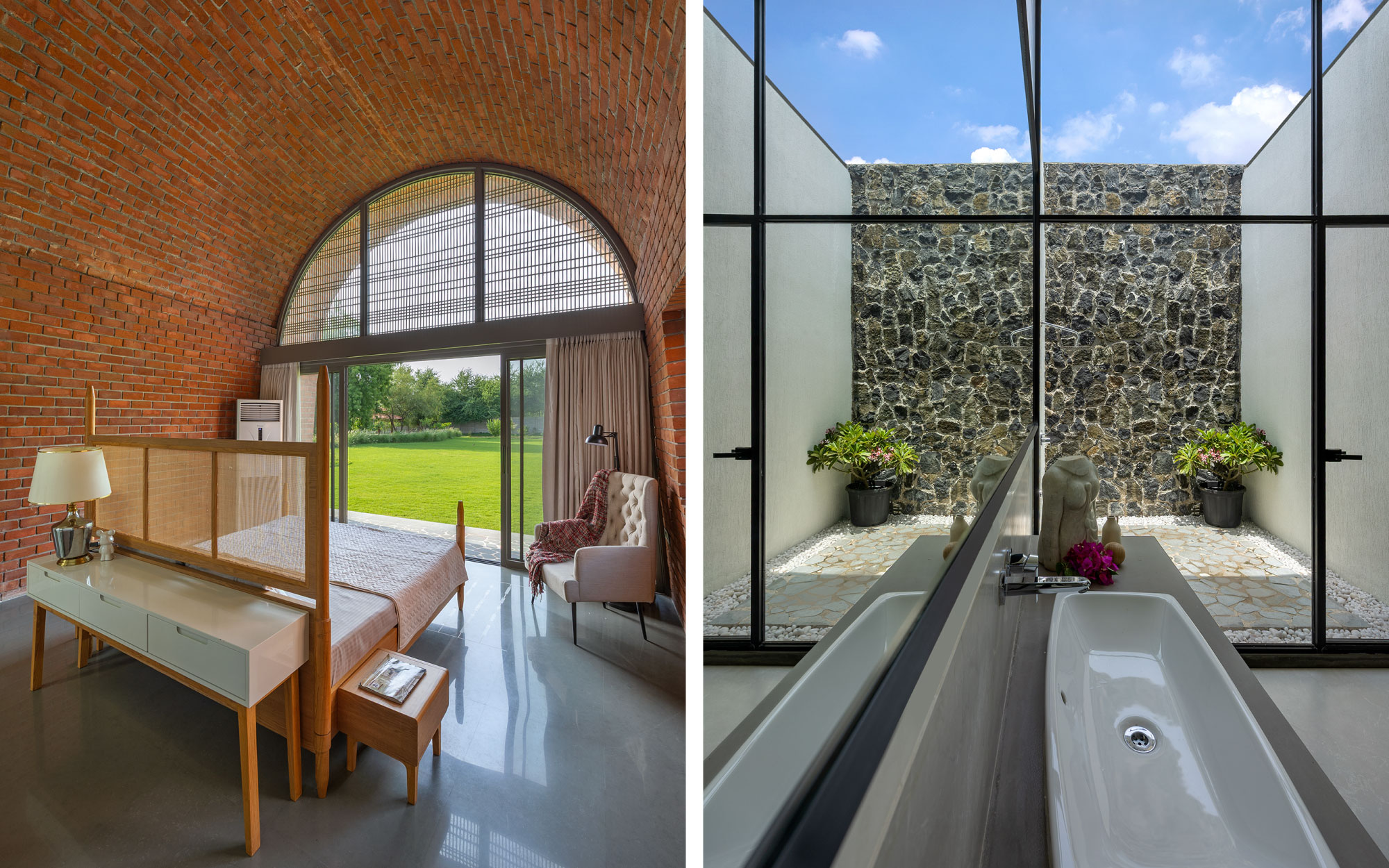 Left: Soft daylight filters through clerestory openings in the private quarters, casting dappled shadows across haptic surfaces and custom furniture. Right: A contrasting motley of rustic and sheen finishes define the restroom, decked with locally sourced fittings. (Image Credits: Tejas Shah)