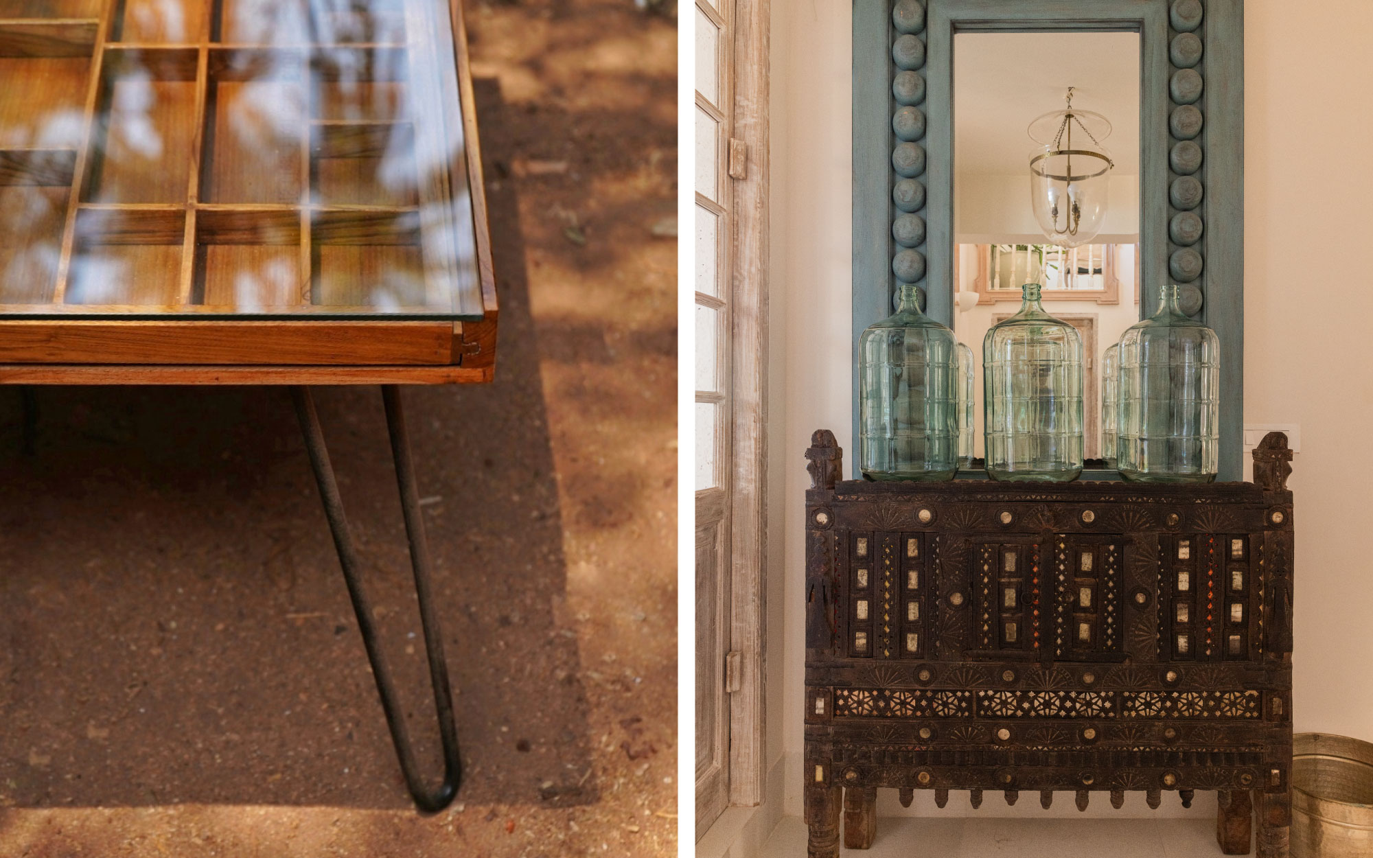 Left: Center table made of reclaimed teak, featuring compartments for special finds (Image Credits: Parnavi Bangar); Right: Vintage wooden wedding cabinet with mirrored inlays, now a striking console table in the entrance foyer. (Image Credits: Studio Momo)
