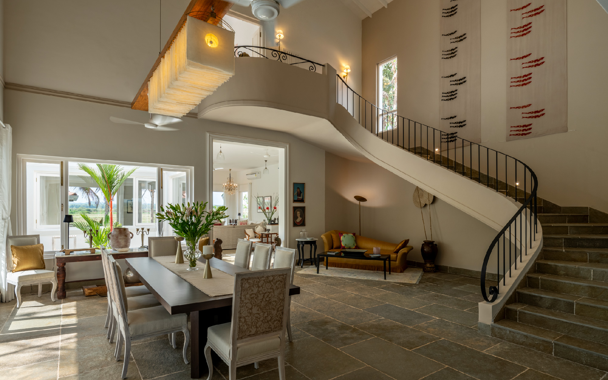 The statement Sotohaus lights are paired tastefully with audacious hanging textiles from Whalesong art.design gallery. (Image Credits: Bharath Ramamrutham/Graf Media)