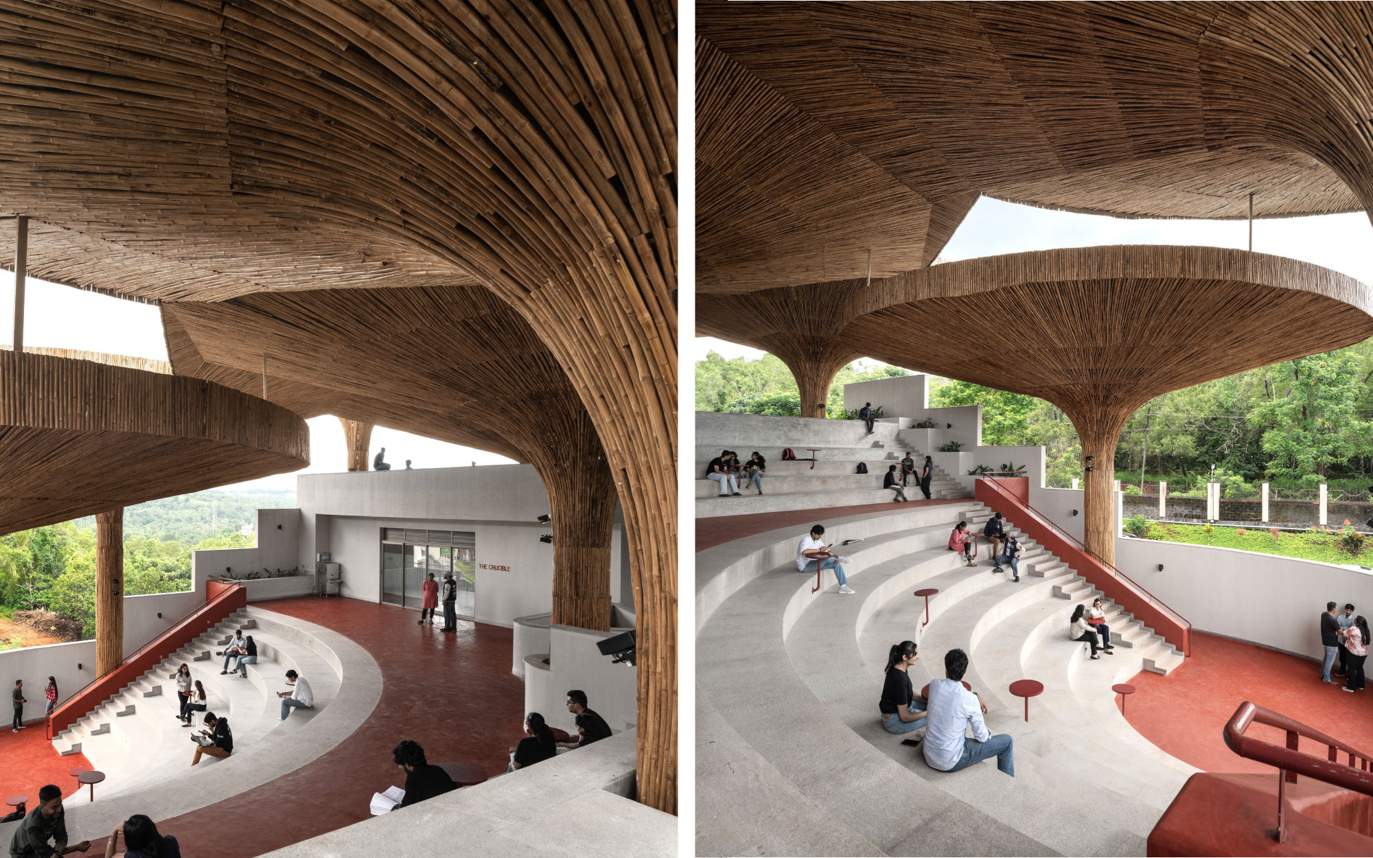 Left: The sunken amphitheatre, seamlessly carved into the site’s natural contours, becomes a fluid space for gathering, dialogue, and shared expression. Right: Crafted using local laterite stone, bamboo, and exposed concrete, the centre’s material palette reflects a commitment to sustainability and regional authenticity. (Image Credits: Suryan//Dang)