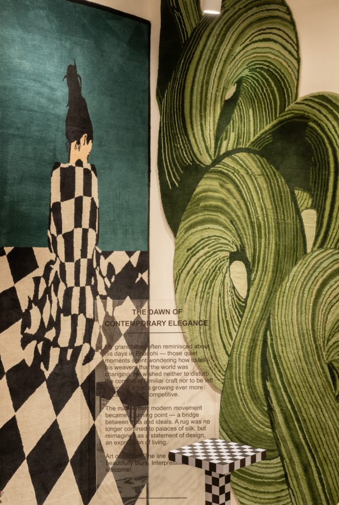 The second zone reimagines rugs through a Memphis lens, transforming them into bold optical illusions that transcended utility. (Image Credits: Harsheen Mengar)