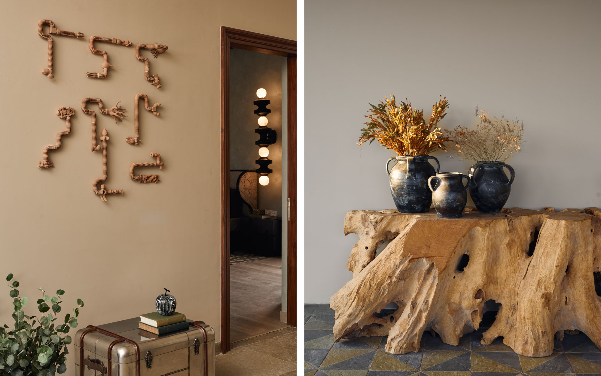 Left: The entrance to the master bedroom is elevated with a striking terracotta mural from Art Centrix Space, complemented by a chromatic sculptural table piece by Vahe Ensemble and sleek tabletop contemporary accents from Modern Quests. Right: The courtyard embraces an earthy aesthetic with rustic vases and a textured console table, both sourced from Pottery Barn, grounding the space in warmth and natural charm. (Image Credits: Rohit Mendiratta)
