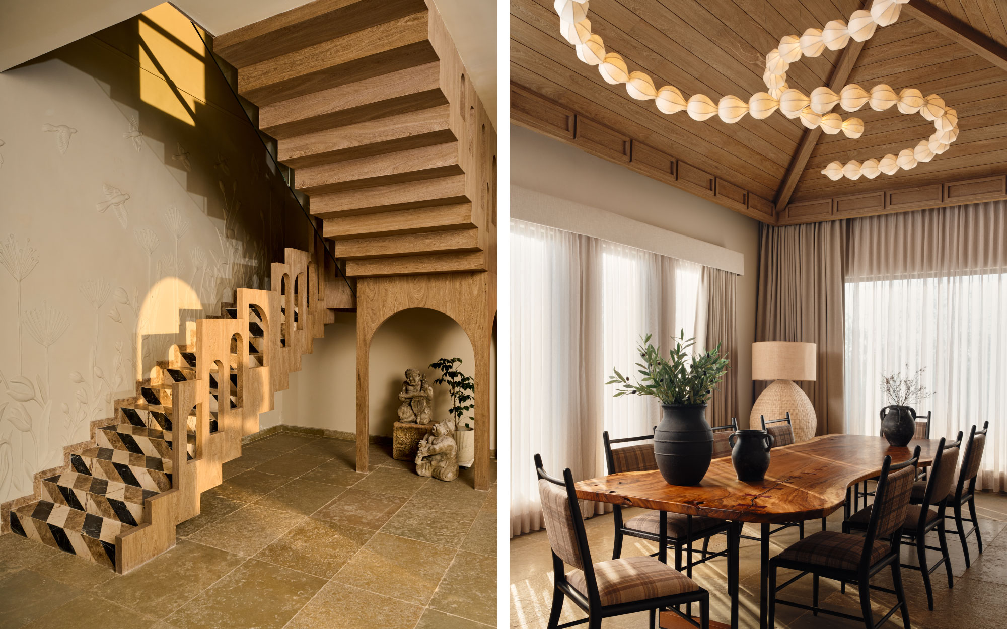 Left: A sculptural staircase stands out as a central design feature, showcasing intricate stone inlay, Tuscan-style wooden arches, and detailed relief work inspired by the surrounding natural landscape. Right: The dining area is layered in warmth and quiet drama—a show-stealing ceiling light by Oorjaa sets the tone, while a sculptural floor lamp by Urban Ghar Studio adds soft contrast. Dining pieces by Josmo Studio and Sand Living bring form and function to the table, framed by thoughtful accents from Pottery Barn that elevate everyday rituals into moments of design-led living. (Image Credits: Rohit Mendiratta)