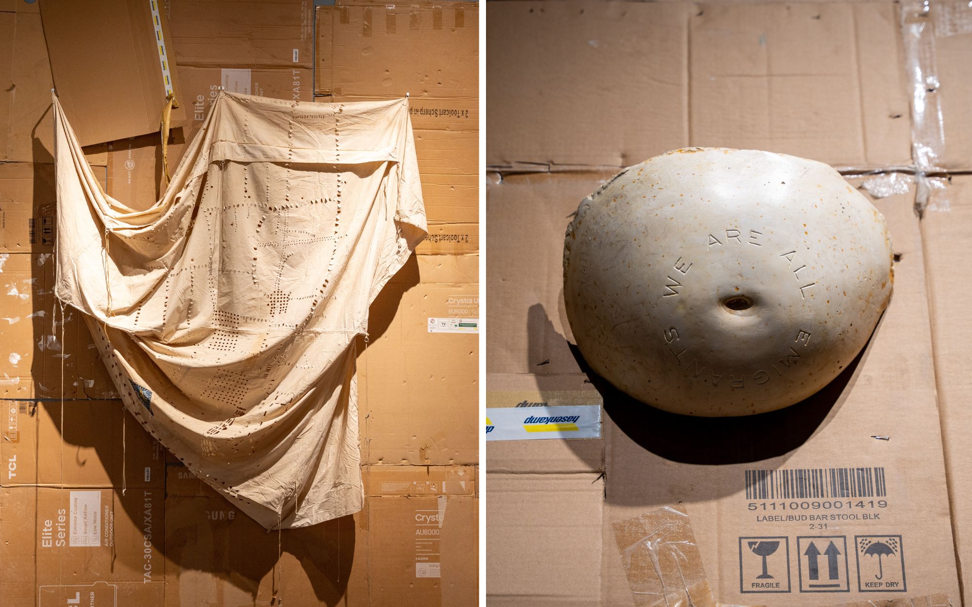 Left: The Map Of Absence, perforated vintage 1960s Butka Falcon camping tent, 275 x 200 x 47 cm; Right: We Are All Emigrants, plaster cast of pregnant woman’s abdomen, 25 x 35 x 13 cm, by Issam Kourbaj (Image Credits: Issam Kourbaj Studio) 