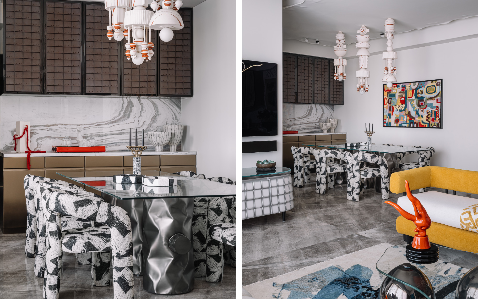 Baldiwala Edge crafts a playful dining space anchored by custom ceramic pendants by Harshita Jhamtani Designs (Image Credits: Ishita Sitwala)