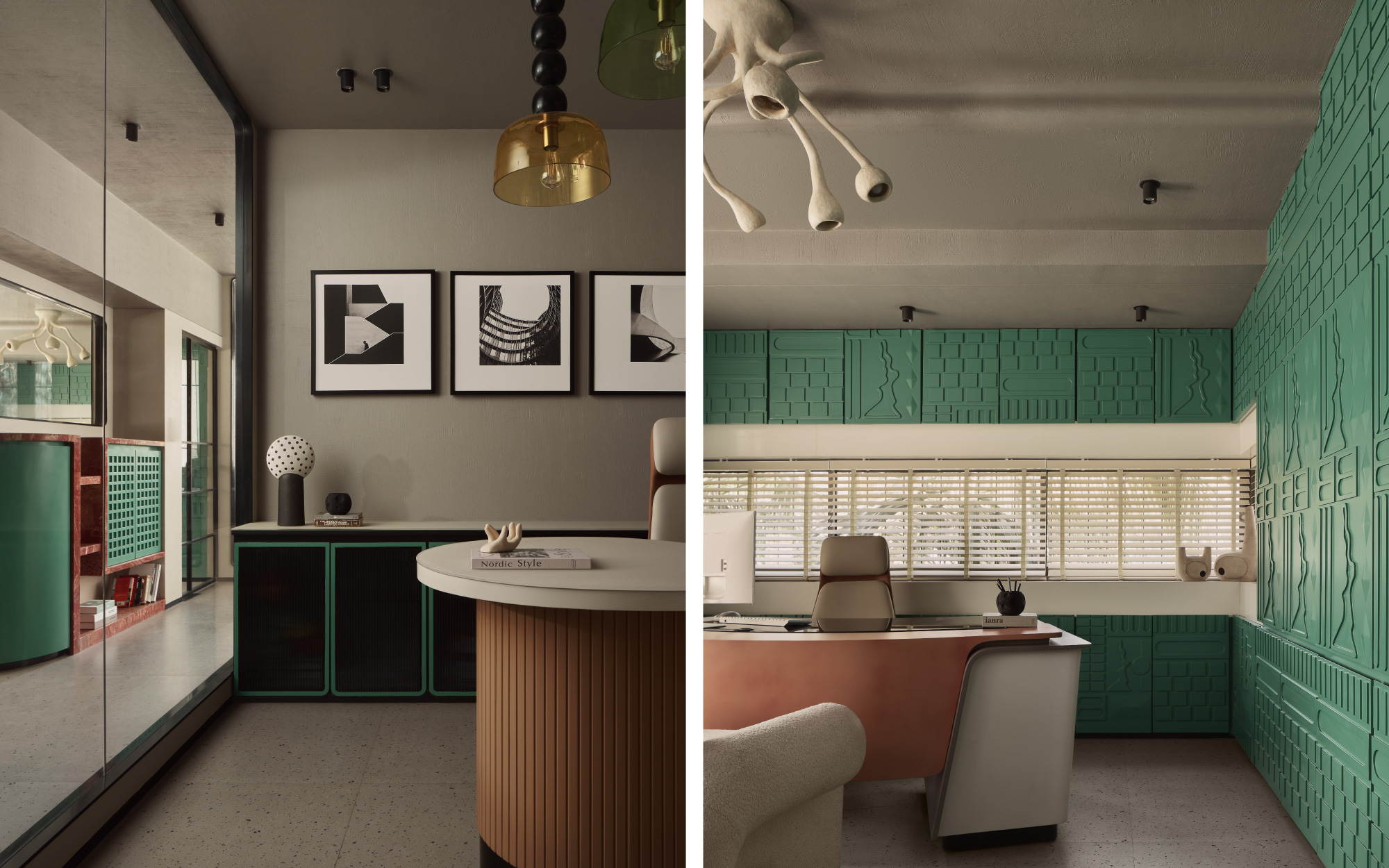 The cabins are the quiet chambers of ideas. Strategically placed desks, sculptural lighting and tactile wall panelling add a theatrical softness to the space’s functionality. (Image Credits: Yadnyesh Joshi)