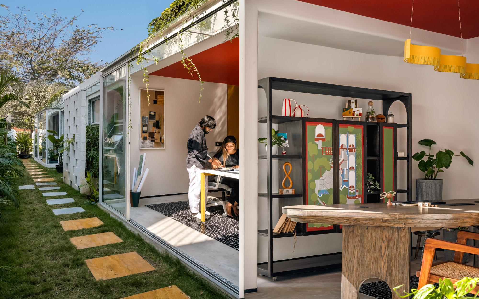 Left: A beautifully paved Jaisalmer pathway and lush greenery on both sides are a gentle introduction to the raw and rustic elements that define this studio. Right: A shelving unit with shutters adorned with bold artwork, injects a burst of creativity and energy. (Image Credits: Murtaza Gandhi)