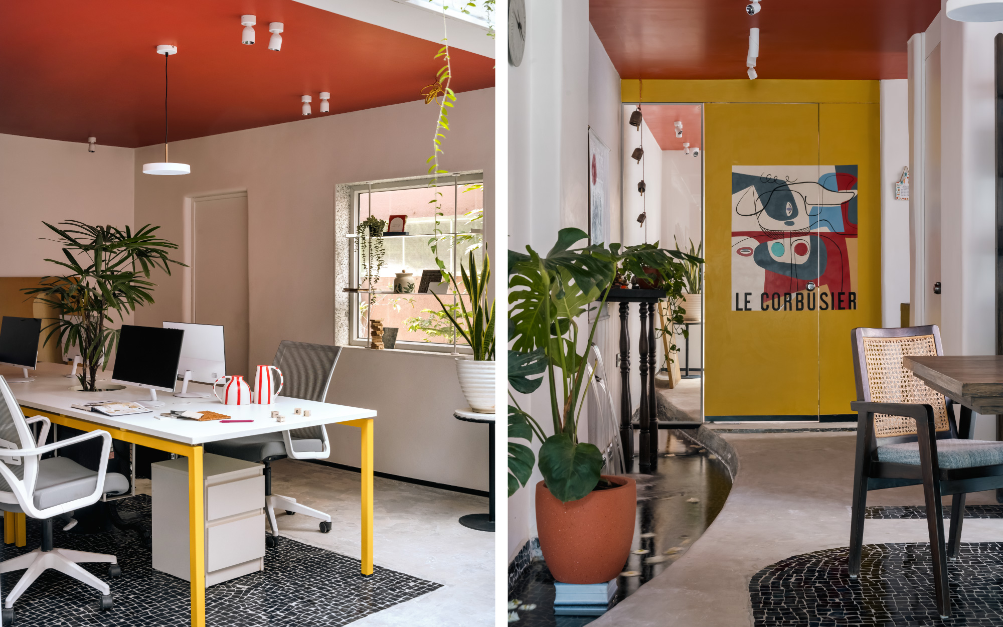 Against concrete and greenery, the interplay of red and yellow feels warm, uplifts the mood and also establishes the firm's identity and how they think. (Image Credits: Murtaza Gandhi)