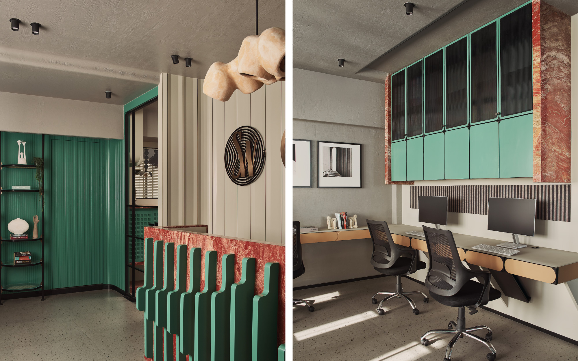 Left: A sculptural display rack at the reception and the green wall panels amplify the palette's vibrancy. Right: Deep green cabinetry and floating desks cultivate a workspace that is sensorial and comfortable. (Image Credits: Yadnyesh Joshi)