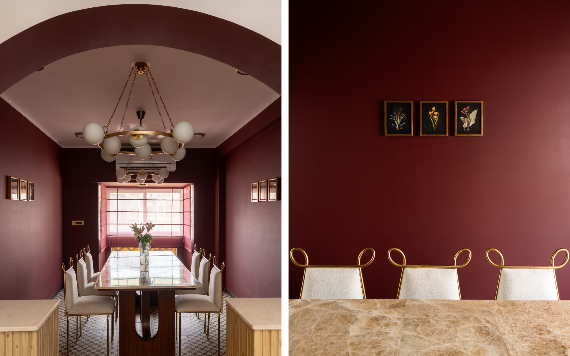 Left: The Jewellery Box pairs Parisian red walls and brass chandeliers with House of Kalindi flooring, Onset blinds, and a Nimaara honeycomb onyx table for a warm, glowing setting. Image Credits: Rohit Ganguly | Right: Asian Paints’ red walls, Nara Livin chairs, a Nimaara honeycomb onyx table, and SKART botanical art compose this refined dining vignette. Image Credits: Rohit Ganguly