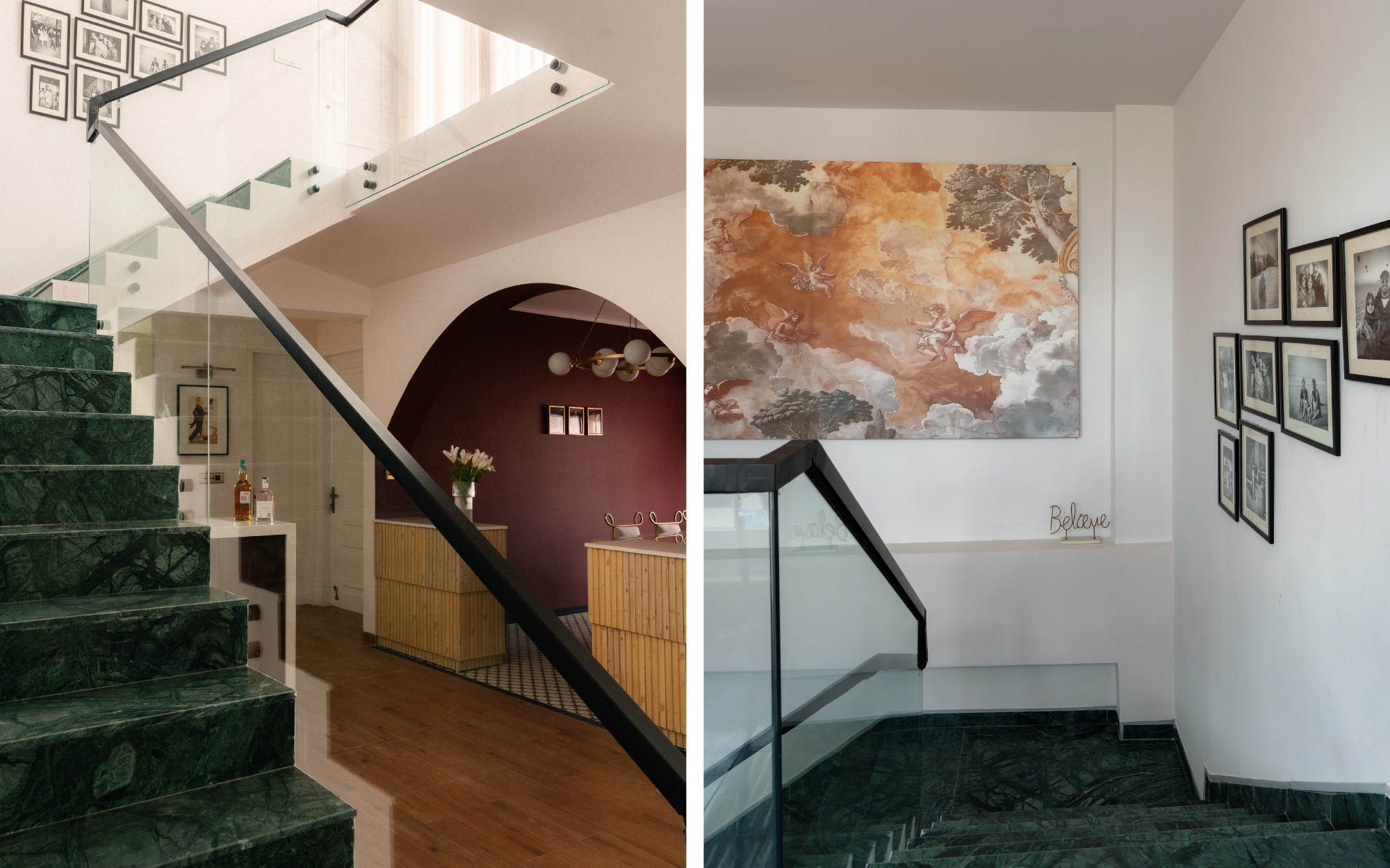 Image (Left): The Udaipur green marble staircase from Nimaara Marble rises toward the AI-crafted fresco glowing in golden light, its path grounded by Kajaria’s warm wooden-finish flooring. Image Credits: Rohit Ganguly | Image (Right): An 8×5-foot AI–human fresco of cheering angels and tropical foliage enlivens the landing—a quick, one-week solution to the architectural offset. Image Credits: Rohit Ganguly