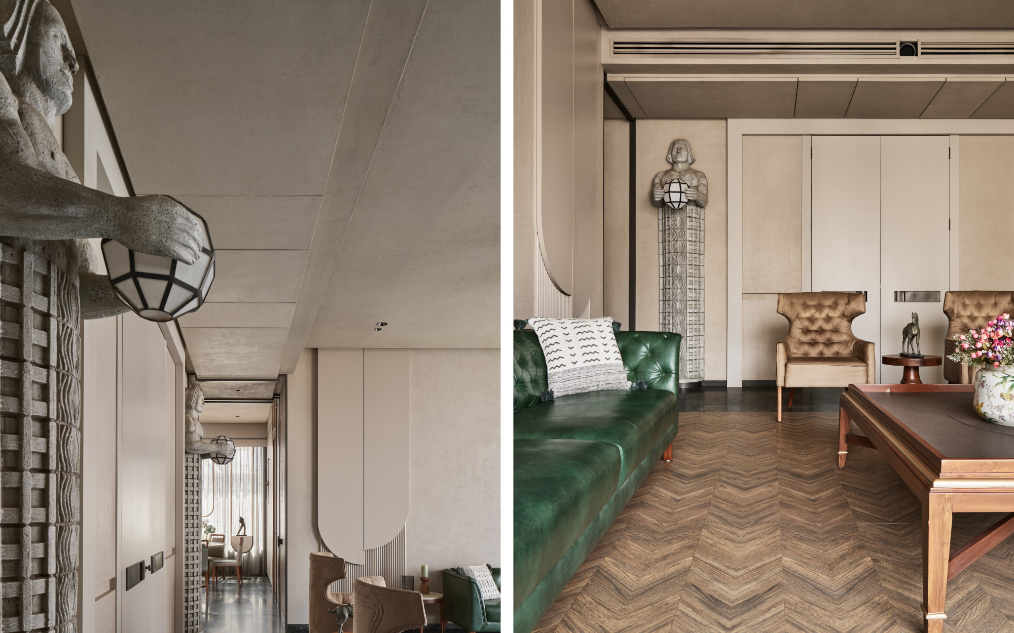 A sculptural light feature by HS Desiign exemplifies a masterful blend of artisanal craftsmanship and architectural intent in the home’s corridor. (Image Credits: Yadnyesh Joshi)