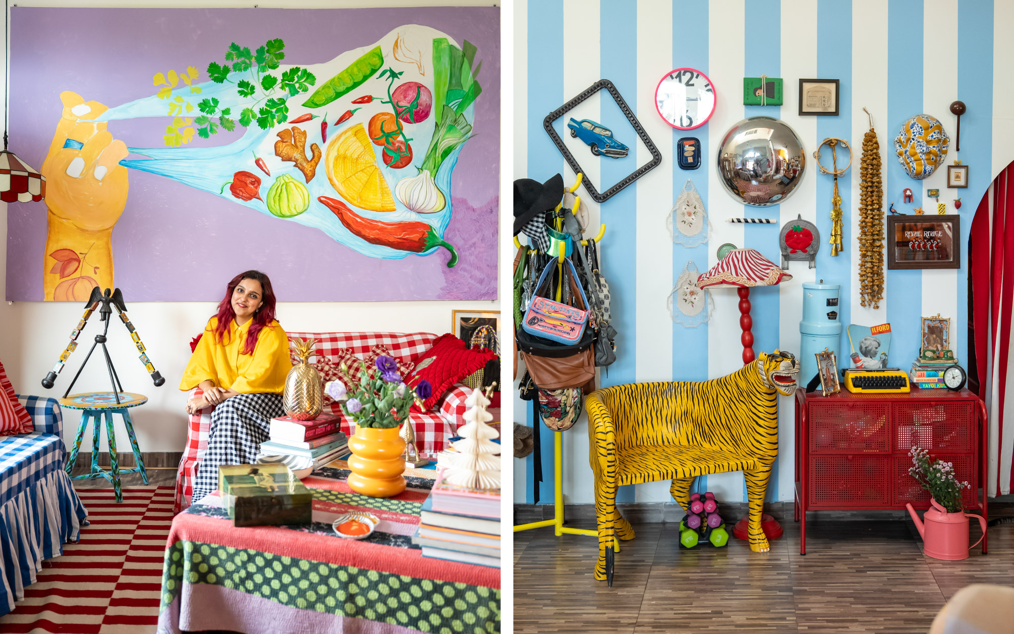 Left: Mehek Malhotra at her home in Dehradun against a vegetable mural painted by her along with people in her Instagram broadcast channel. Right: The striped walls are peppered with memories like an old rakhi, a dried marigold garland and a tambourine that found a second life. (Image Credits: Design Pataki)