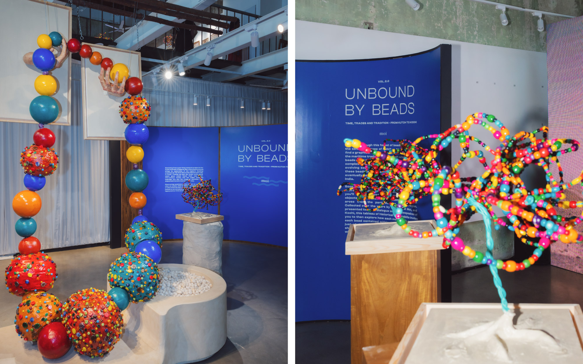 Left: Conceived by contemporary Indian artists Emmanuel Tausing of the Zachuong label and Thian Hoi, the installation unfolds through a monumental sculptural form composed entirely of glass beads. Right: The sculptures offer an intimate view of the beads in varied states. (Image Credits: MOI)