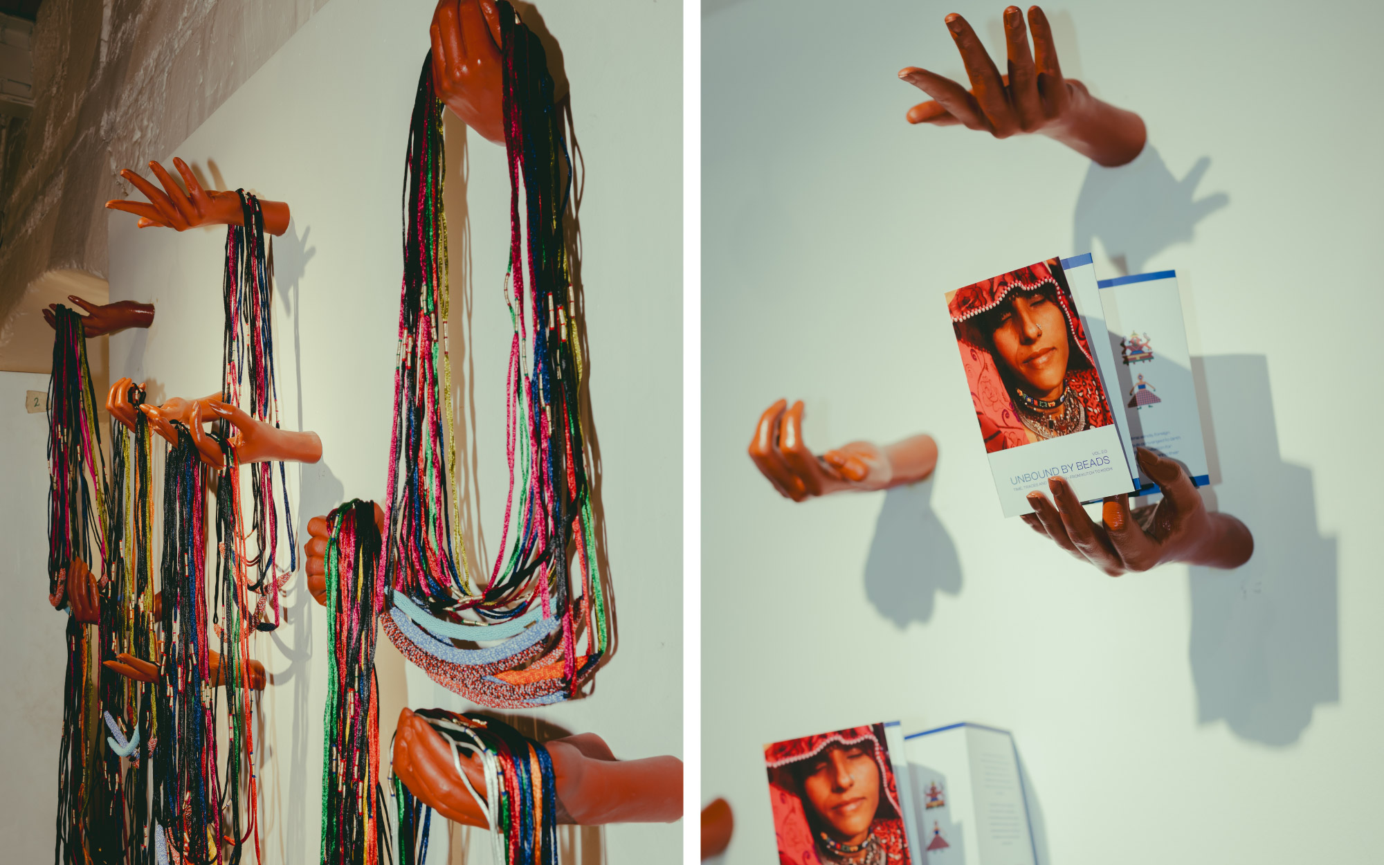 Left: The terracotta-hued hands, gently cradling strands of beads, evoke a quiet intimacy. Right: The hands bear portraits, subtly overturning histories of anonymity by placing visibility and authorship back into the makers’ grasp. (Image Credits: MOI)
