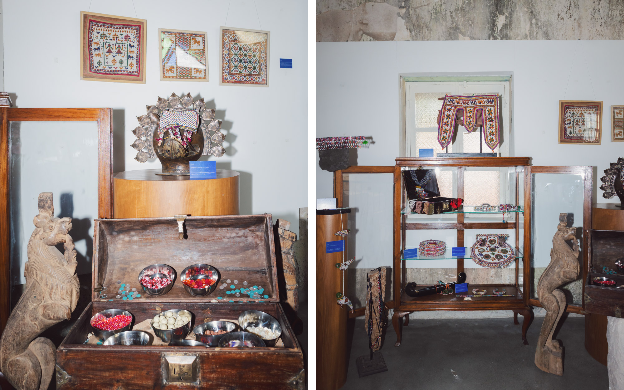  Left: Presented in their unmade state, the beads with varying hues and tonalities reveal the raw materiality of the craft and form. Right: Emerging from a year-long immersion in Kutch, the installation maps the passage of Venetian glass beads into India’s visual and cultural lexicon. (Image Credits: MOI)