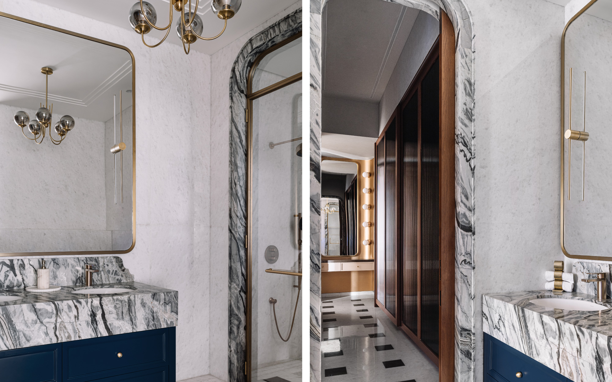 Left: The regality of this bathroom is not just displayed by the stunning marble by Marmo and the sanitary-ware by Kohler. It is elevated with the presence of a chandelier from Artemis and wall lights from Lightique. Right: The long and spacious walk-in-wardrobe accentuates the drama and luxe in the space. (Image Credits: Ishita Sitwala)