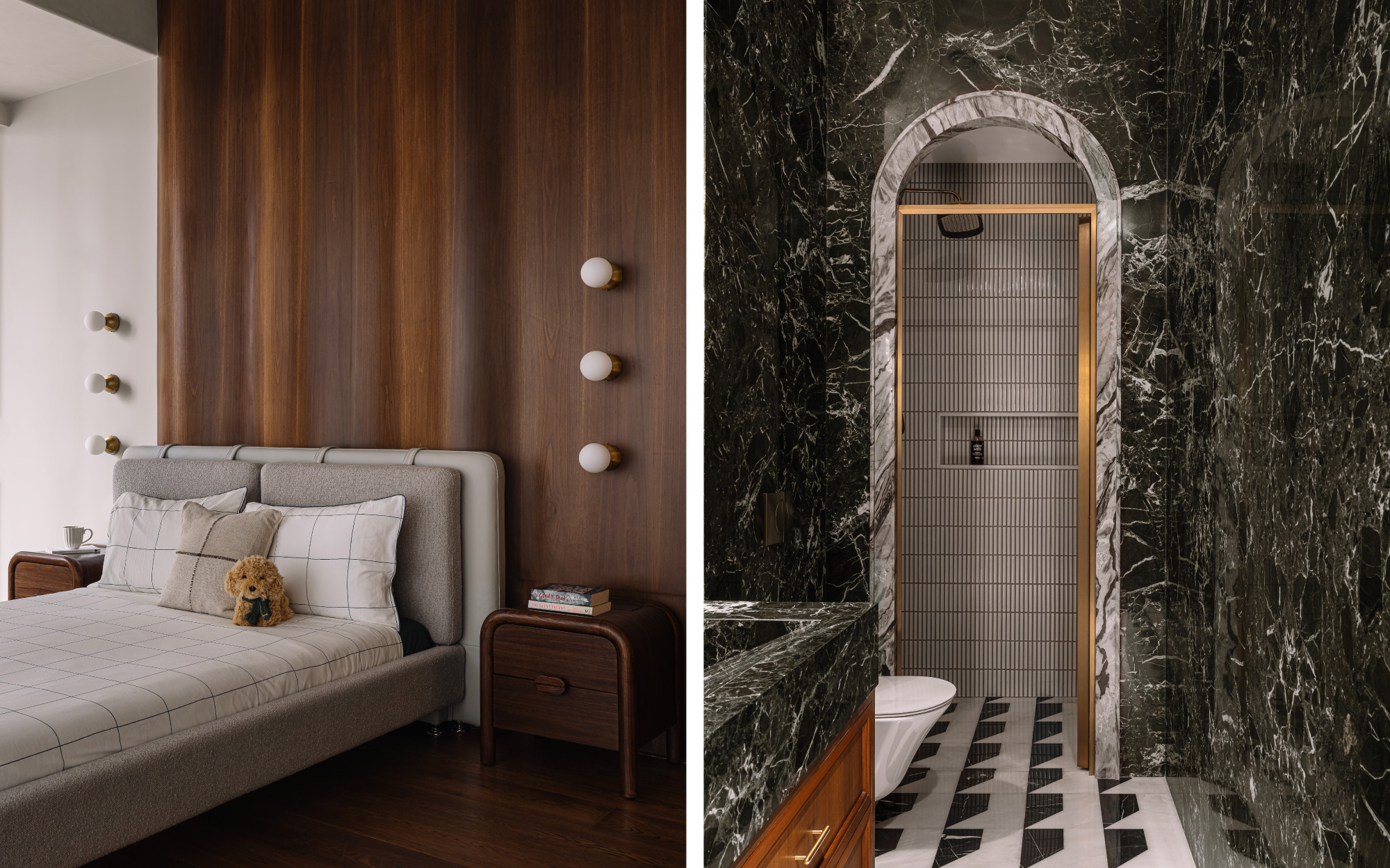 Left: The bedroom features a bed in muted greys by Soisu paired with bedside tables from Blueloft. The soft lighting fixtures are from Lightique while the wooden flooring is from HKS. Right: The powder room features green marble on the walls by CMC and marble on the floor by Marmo. The sanitary fixtures are from Kohler. (Image Credits: Ishita Sitwala)