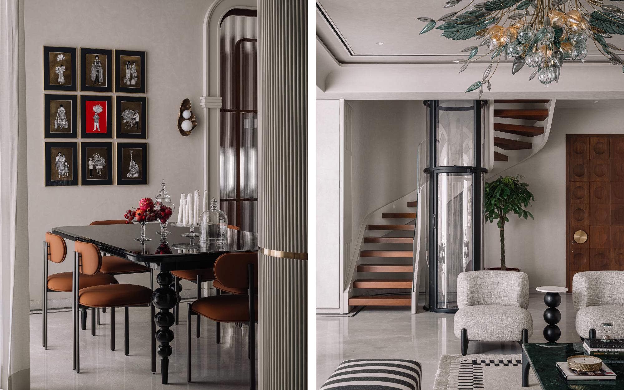 Left: The wall in the back features art by Kapil Anant and wall lights by LMNOH. The accessories on the table are sourced from IKEA. Right: A custom staircase envelops the elevator by Nibav. The plants in the space are from Sparrow Nursery. (Image Credits: Ishita Sitwala)Left: The wall in the back features art by Kapil Anant and wall lights by LMNOH. The accessories on the table are sourced from IKEA. Right: A custom staircase envelops the elevator by Nibav. The plants in the space are from Sparrow Nursery. (Image Credits: Ishita Sitwala)