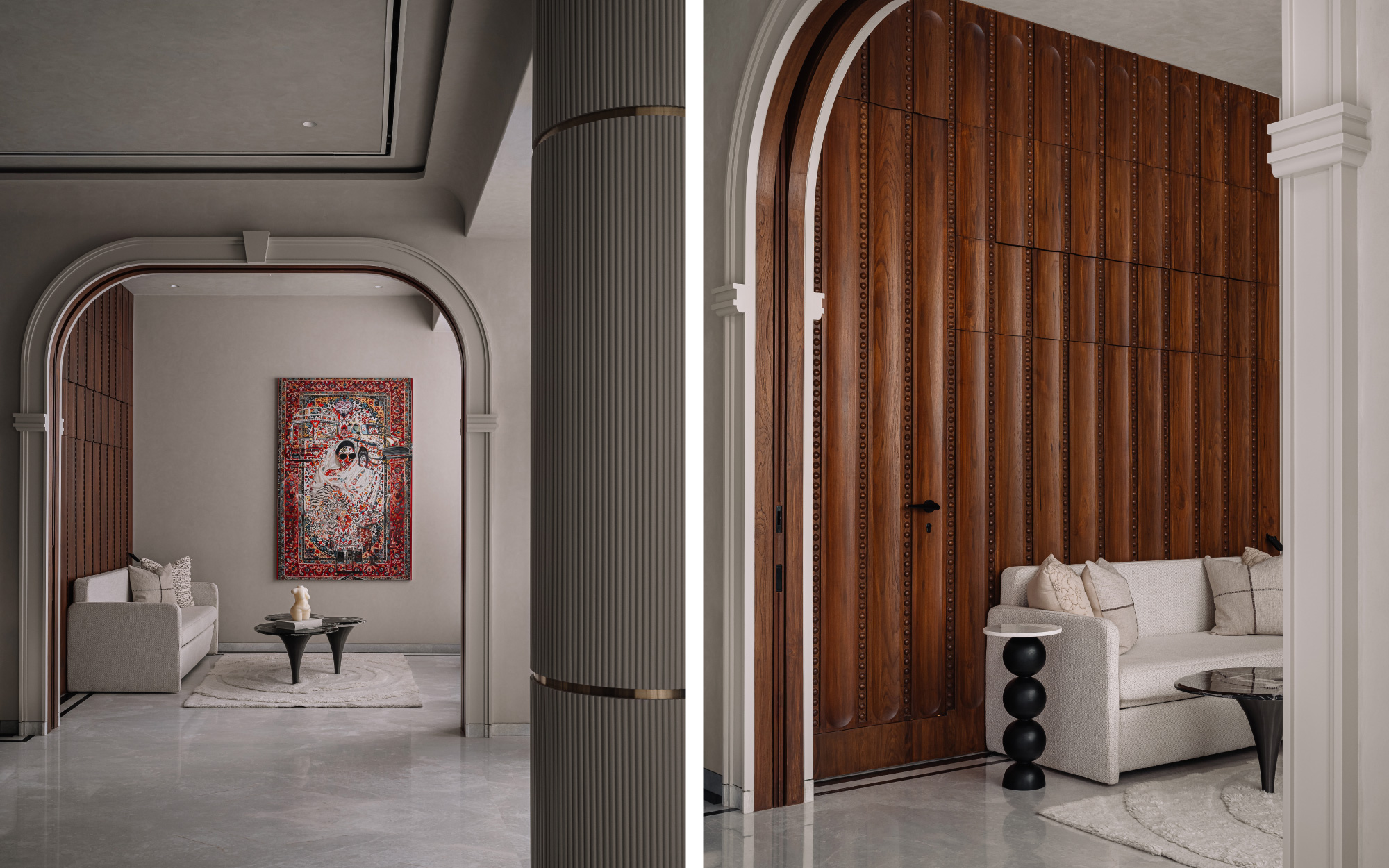 Left: Through the archway, the den features a wall coloured in Kemtex texture paint and displays art by Abhay Sehgal. Right: The den hosts a custom made murphy bed alongside a coffee table by Golden Triangle over a rug by Jaipur Rugs. (Image Credits: Ishita Sitwala)